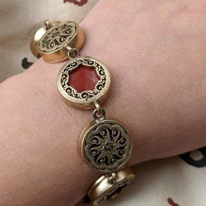 SOLD Gold-Tone Carnelian and Filigree Coin Toggle Bracelet | Victorian Style